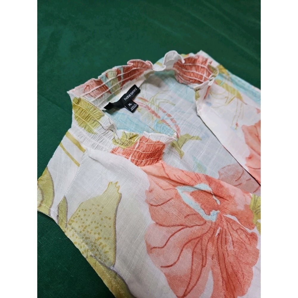 Harve Benard Sleeveless Blouse STAND-UP COLLAR Tropical Hibiscus TIE FRONT Flowy